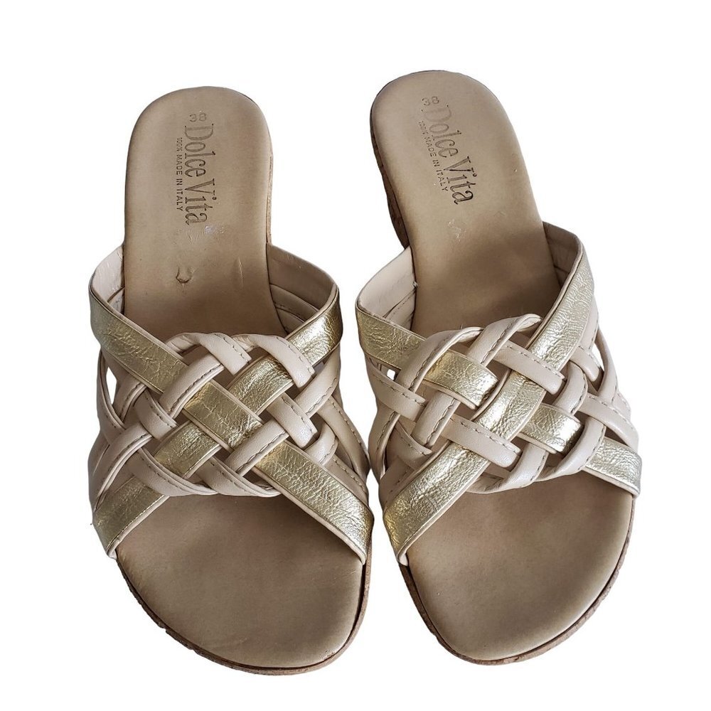 Dolce Vita Woman's Size 38 (7.5) Gold and Tan Slide On Wedge Sandal 2 " heel